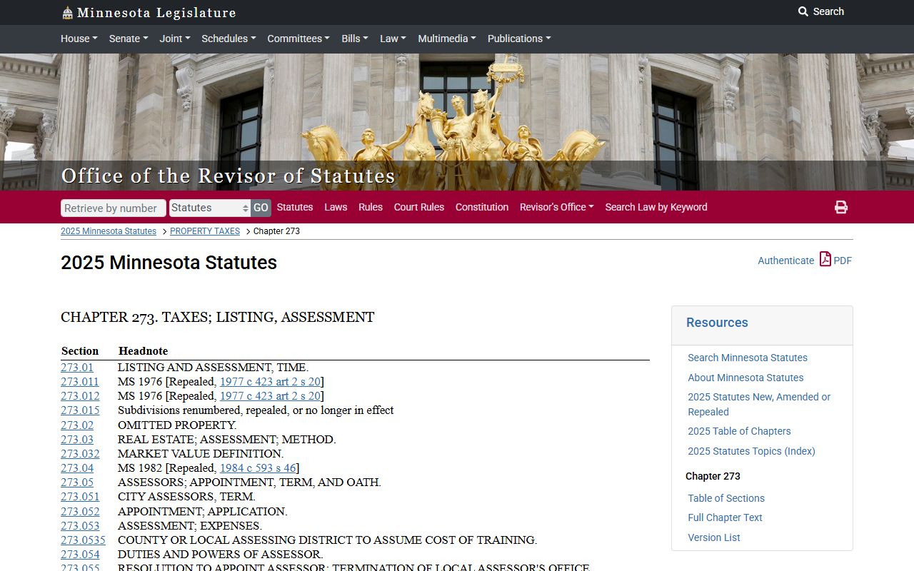 Minnesota Property Records - Statutes Chapter 273 Assessment Standards and Classifications