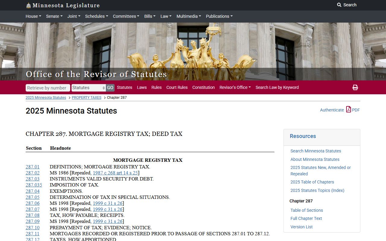 Minnesota Property Records - Statutes Chapter 287 Deed Tax and Mortgage Registry Tax